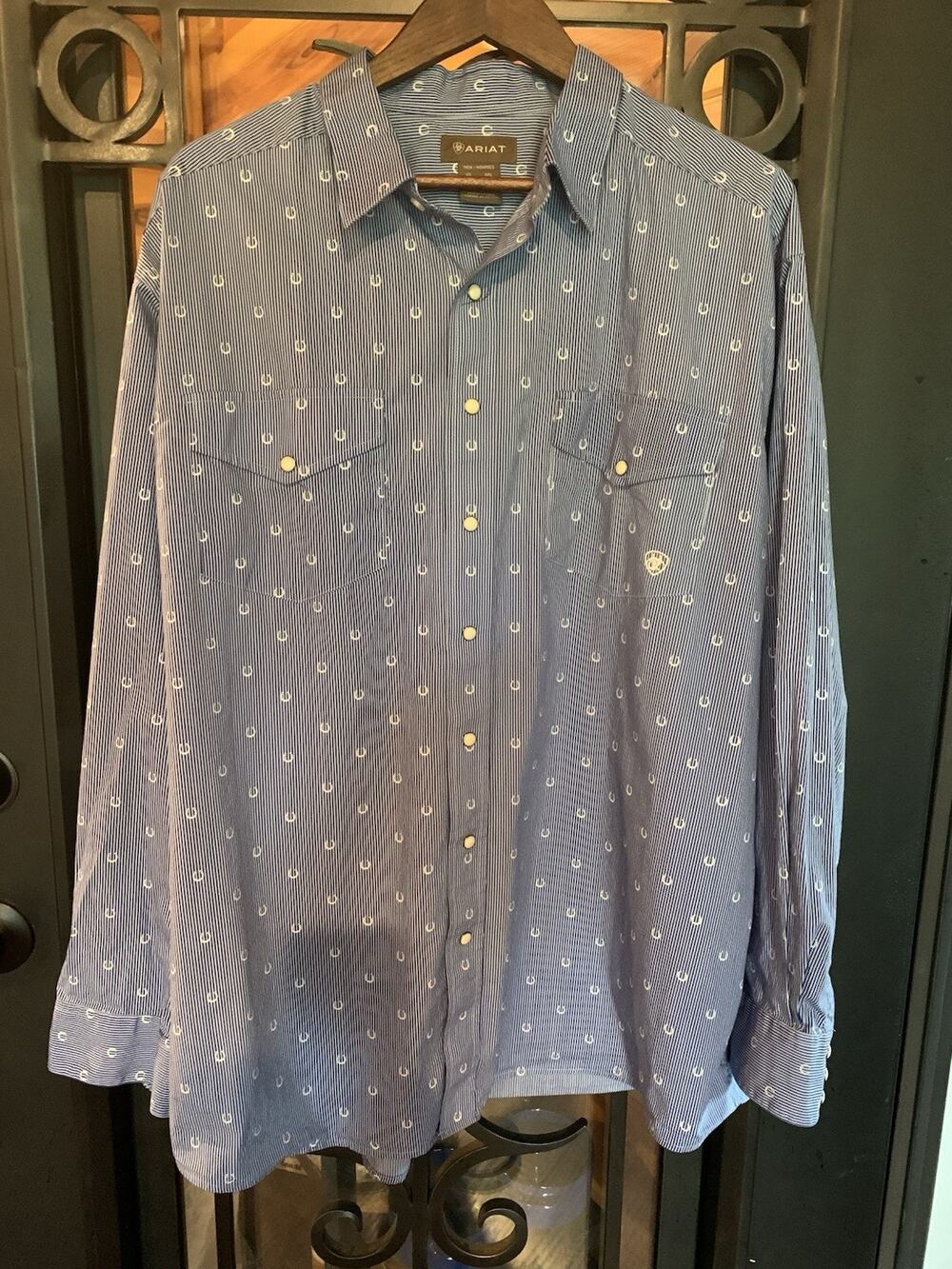Ariat Javier Mens 2XL Blue Pinstripe Horseshoe Western Snap Button Cowboy Shirt